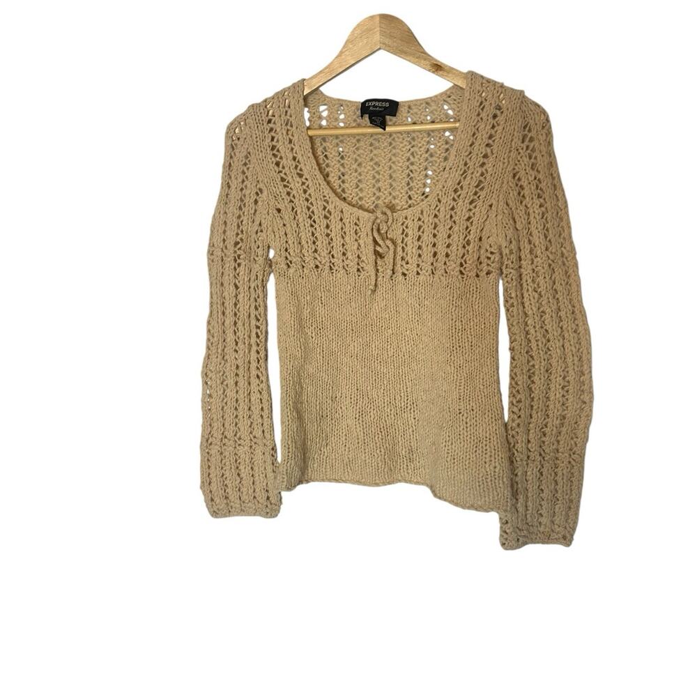 VTG Y2K Express Hand Knit Wool Blend Boho Openwork Tie Neck Babydoll Sweater XS